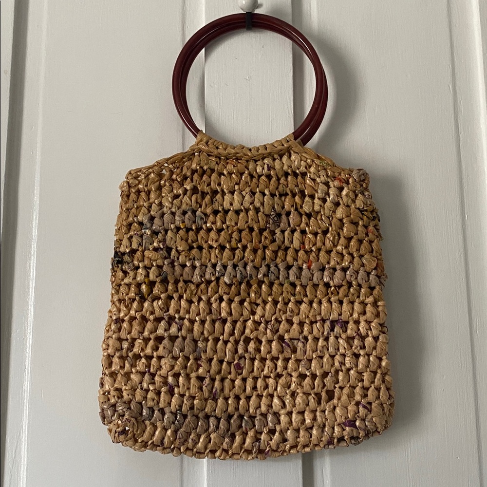 Handmade Recycled Woven Plastic Bag Tote with Plastic Ring Handles